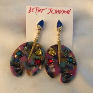 Betsey Johnson Gold Tone Paint Brush & Artist Palette Drop Earrings Crystal NWT